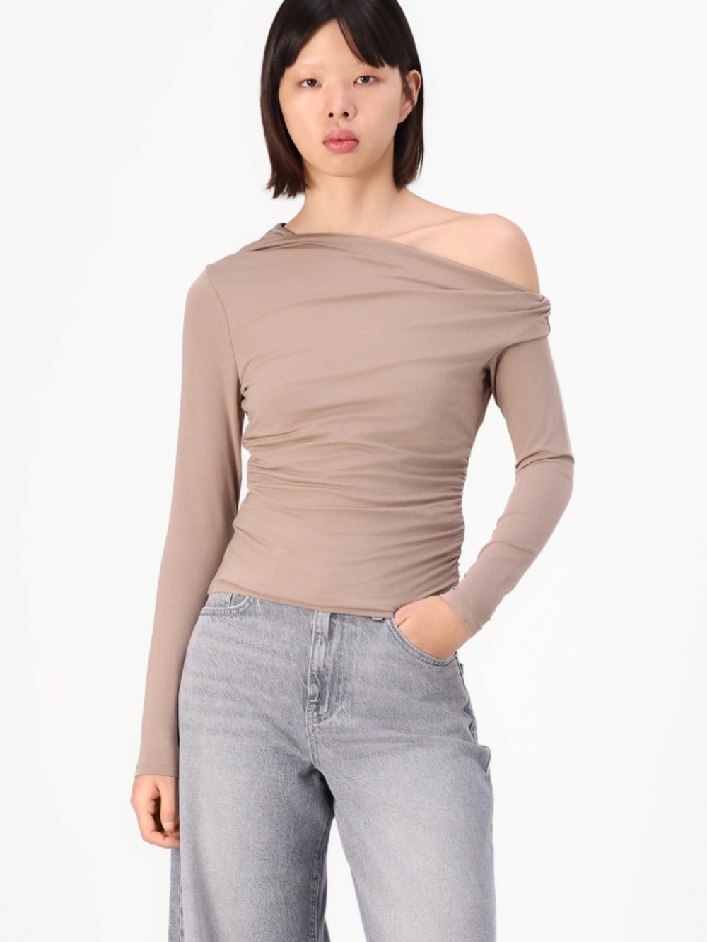 Abercrombie & Fitch Asymmetrical One-Shoulder Draped Long-Sleeve Top